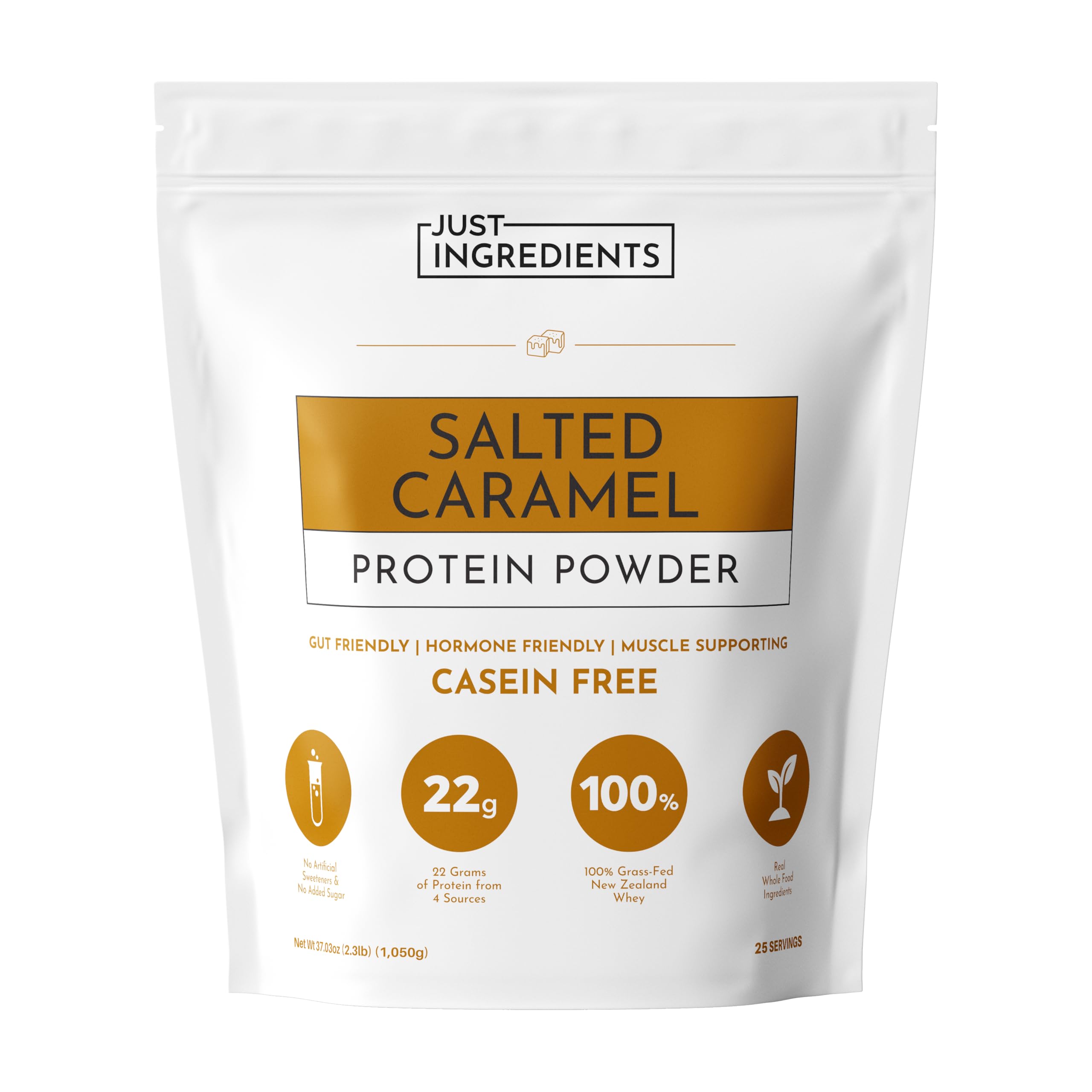 JUST INGREDIENTS Salted Caramel Protein Powder tub with real ingredients for recovery potential