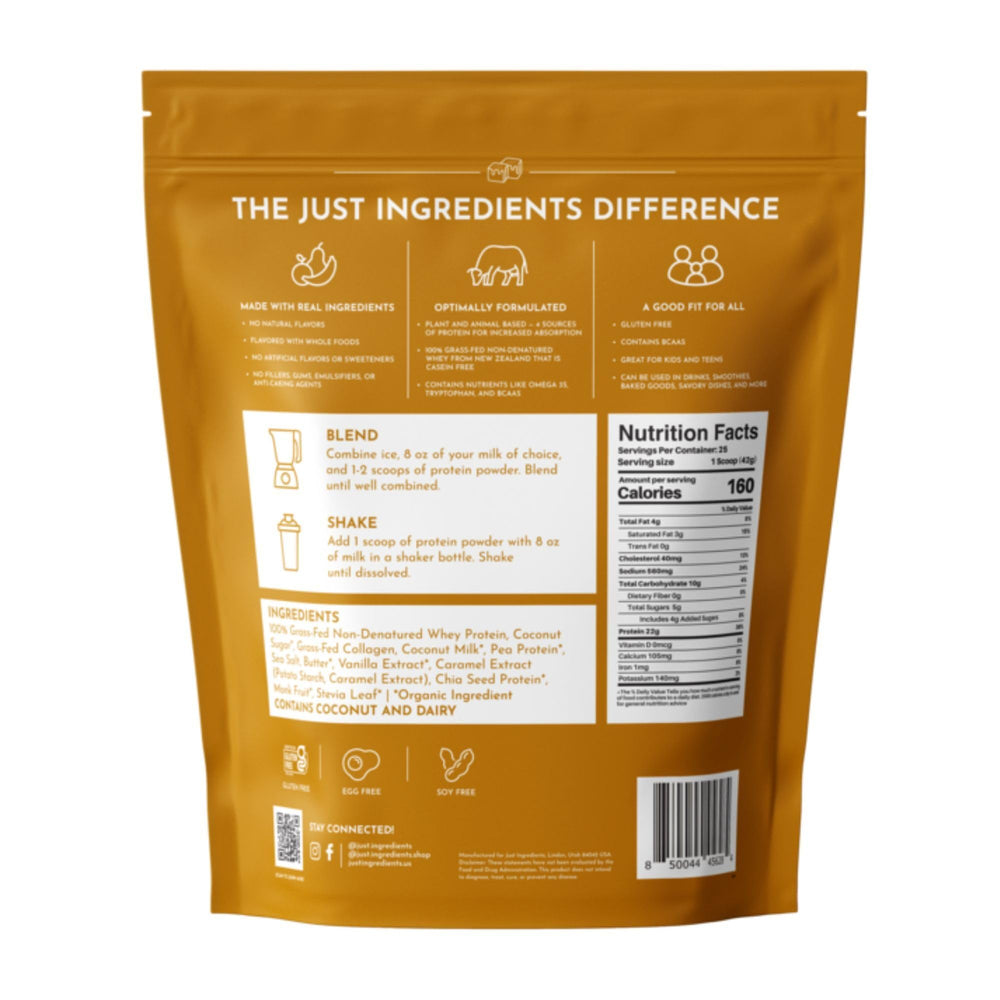 JUST INGREDIENTS Salted Caramel Protein Powder being poured for a shake
