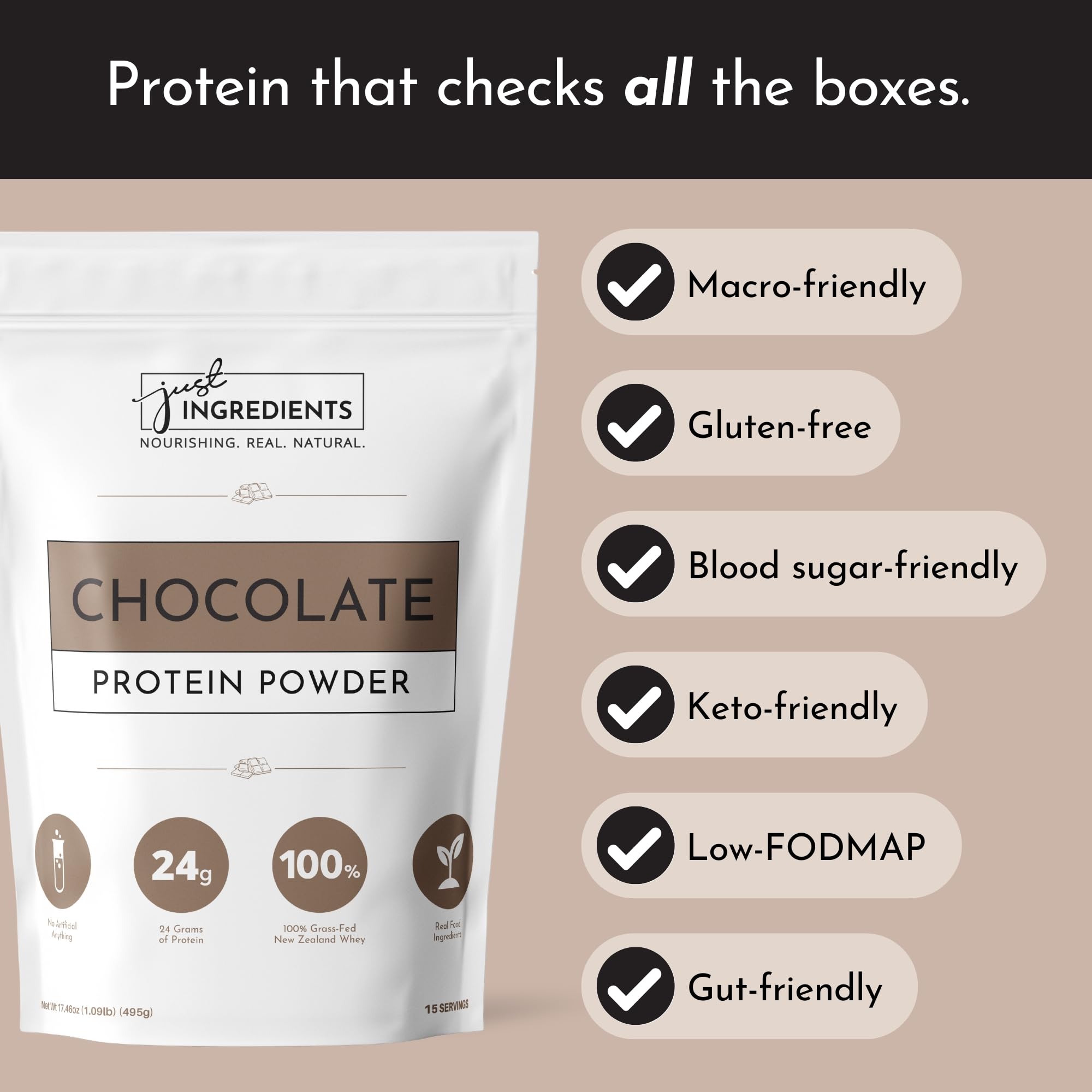 JUST INGREDIENTS smoothie-ready powder blends with milk or water.