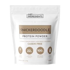 JUST INGREDIENTS Snickerdoodle Protein Powder bottle shows premium blend for post-workout recovery