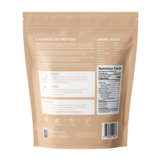 JUST INGREDIENTS Snickerdoodle Protein Powder tub highlights grass-fed whey and plant proteins for balanced nutrition