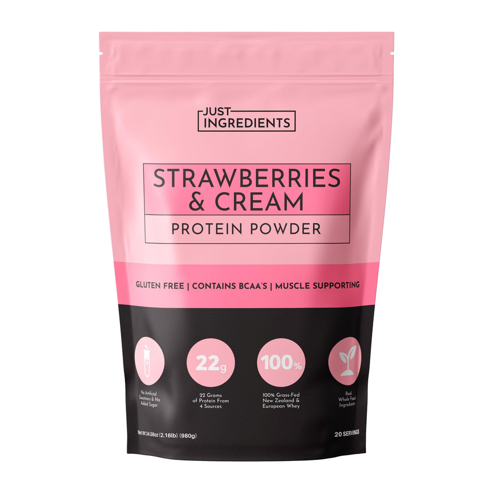 JUST INGREDIENTS Strawberries & Cream Protein Powder bottle highlights premium whey and plant proteins for recovery