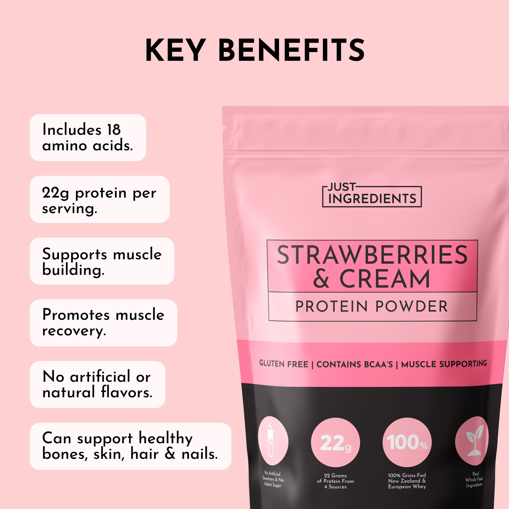 JUST INGREDIENTS Strawberries & Cream Protein Powder close-up reveals real strawberry aroma