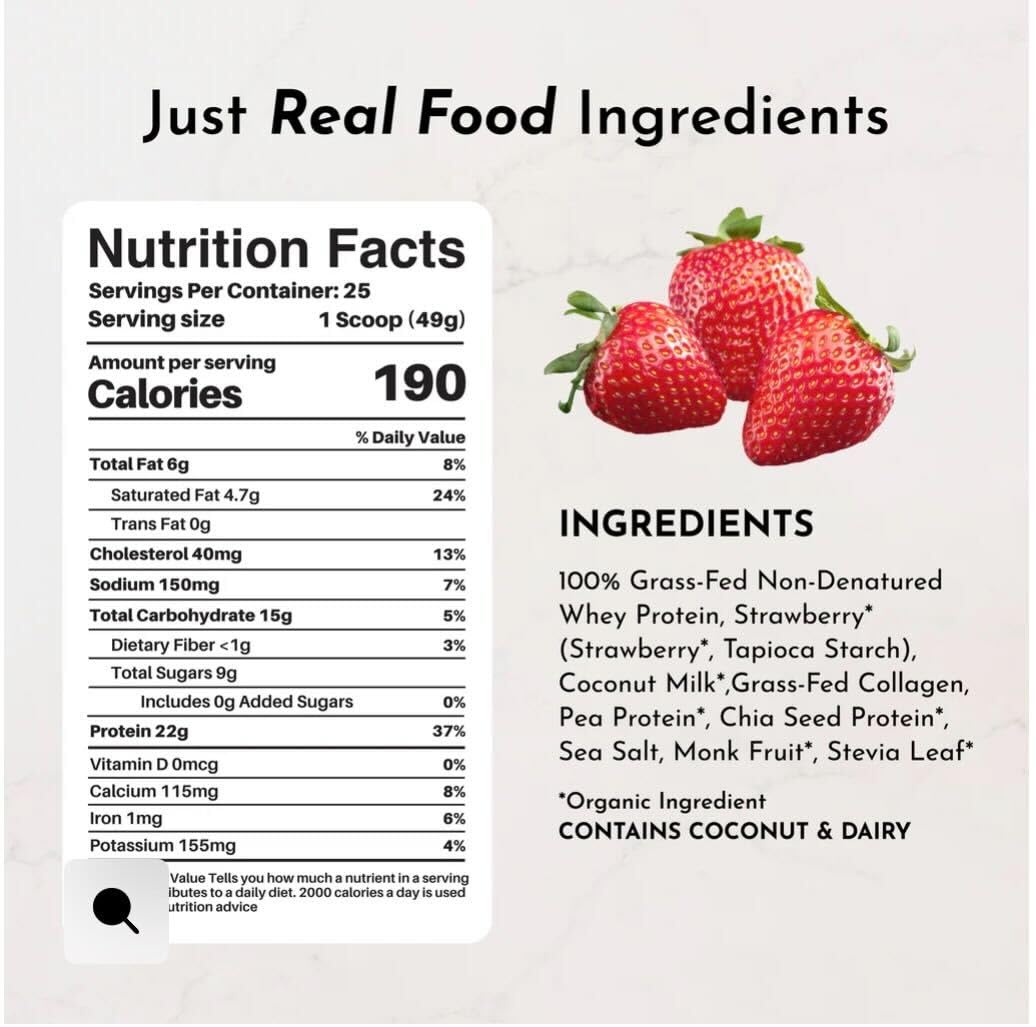 JUST INGREDIENTS Strawberries & Cream Protein Powder ingredients card communicates transparency