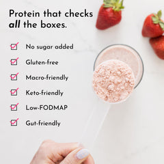 JUST INGREDIENTS Strawberries & Cream Protein Powder shake glass shows smooth flavor and versatile use