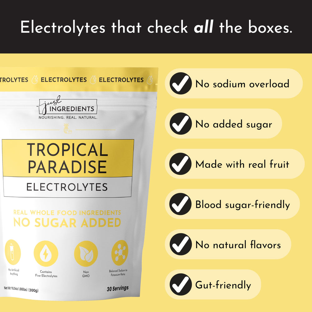JUST INGREDIENTS Tropical Paradise Electrolytes serving glass highlights tropical flavor and thirst-quenching appeal.
