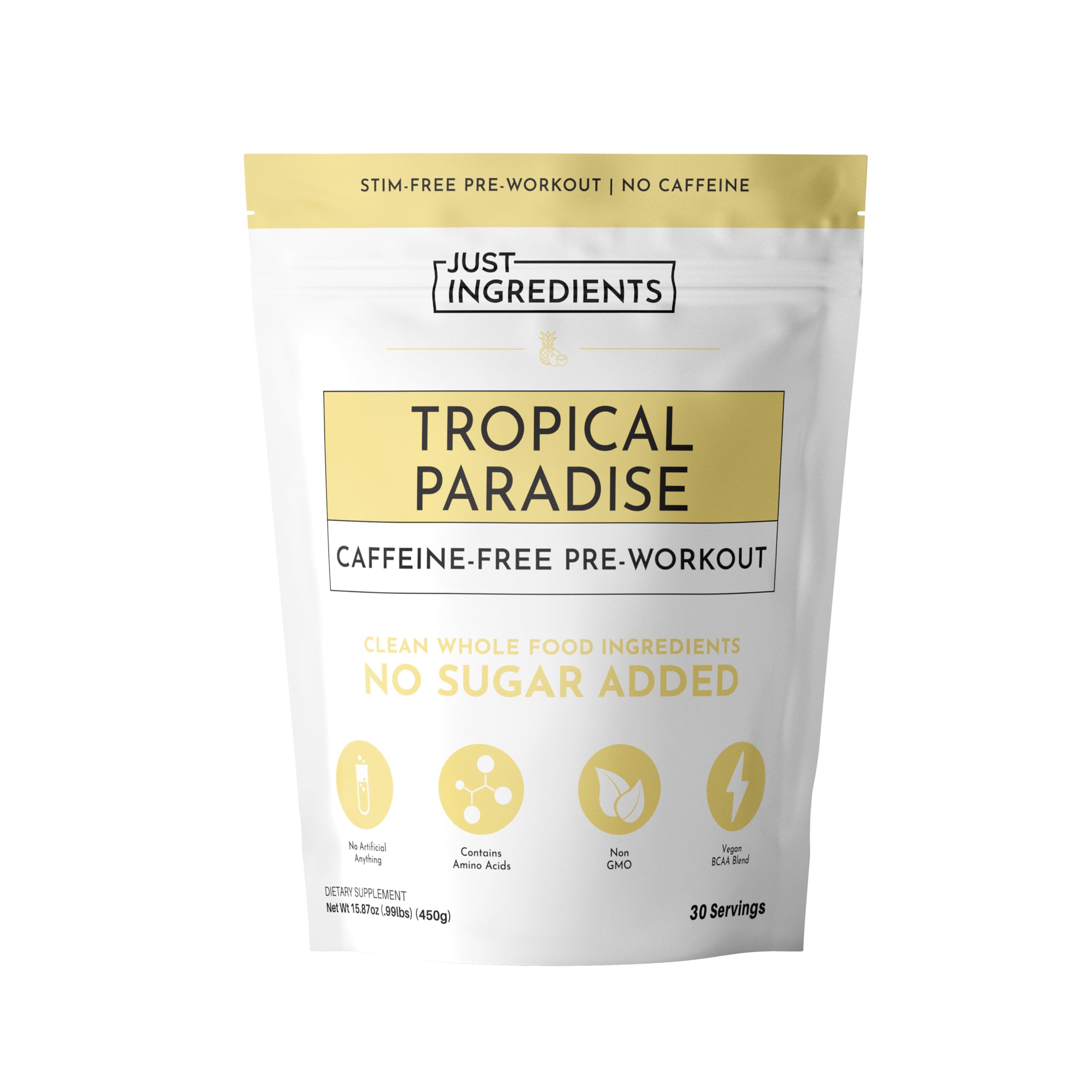 JUST INGREDIENTS Tropical Paradise pre-workout bottle showing caffeine-free energy for late-day workouts.