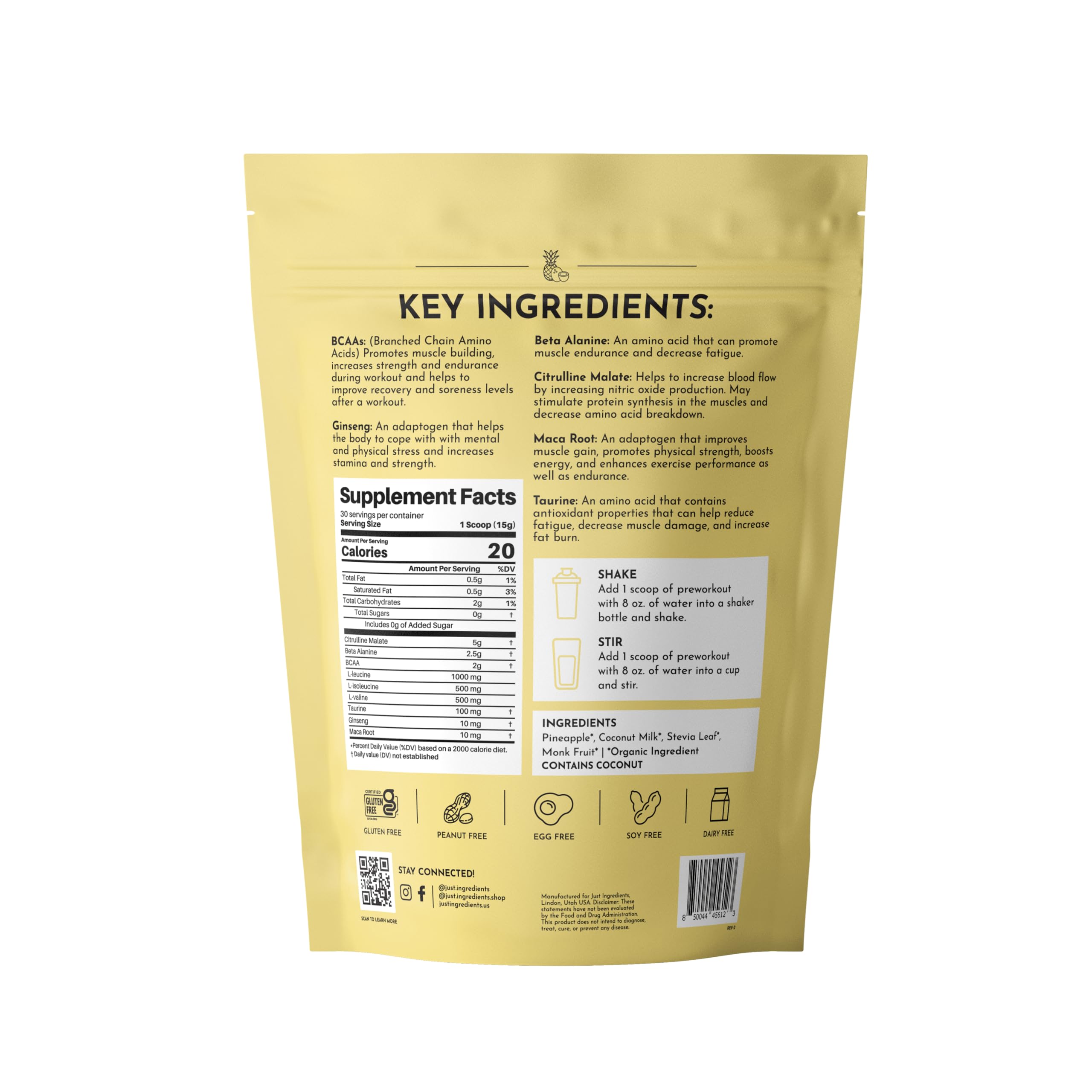 JUST INGREDIENTS Tropical Paradise powder-dispense highlights a clean formula for workouts.