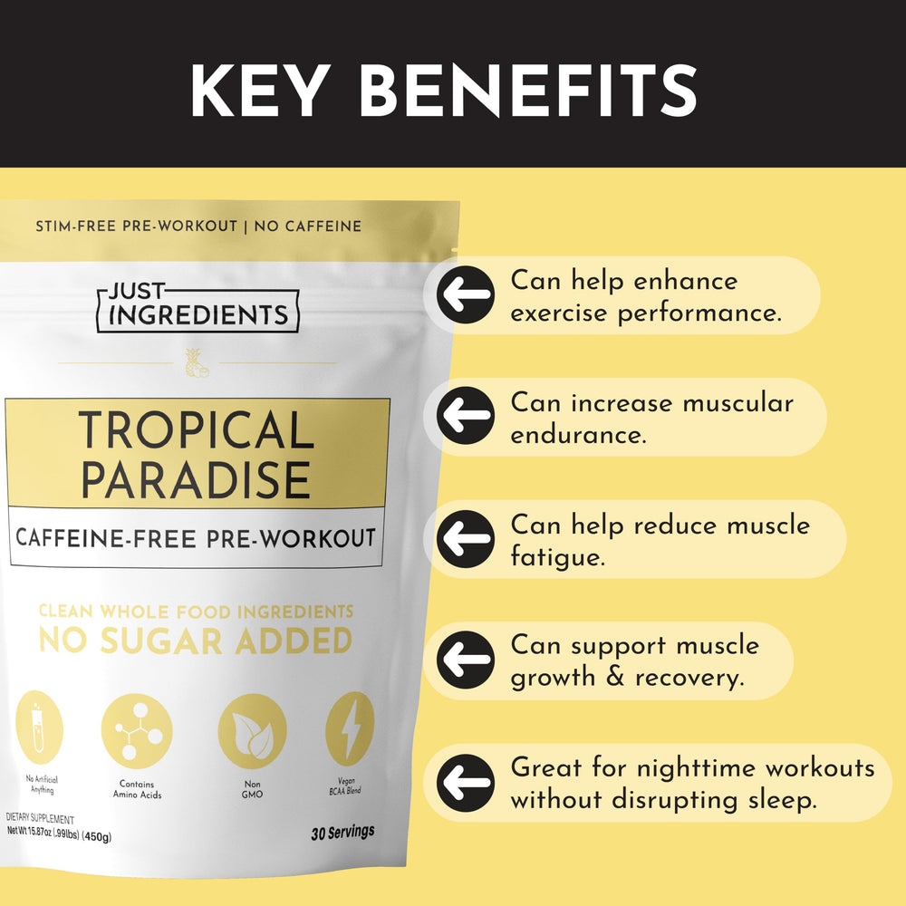 JUST INGREDIENTS Tropical Paradise serving-scoop demonstrates precise dosing for balanced energy.