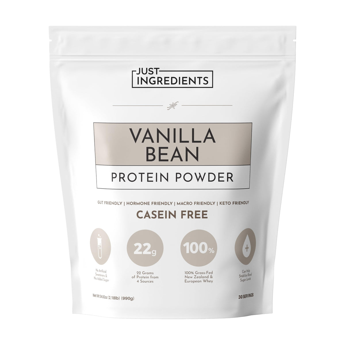 JUST INGREDIENTS Vanilla Bean Protein Powder bottle highlights premium whey for muscle support and everyday protein.