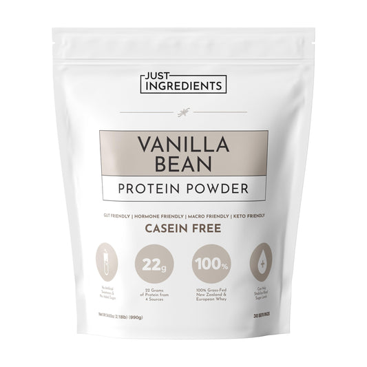 JUST INGREDIENTS Vanilla Bean Protein Powder bottle highlights premium whey for muscle support and everyday protein.