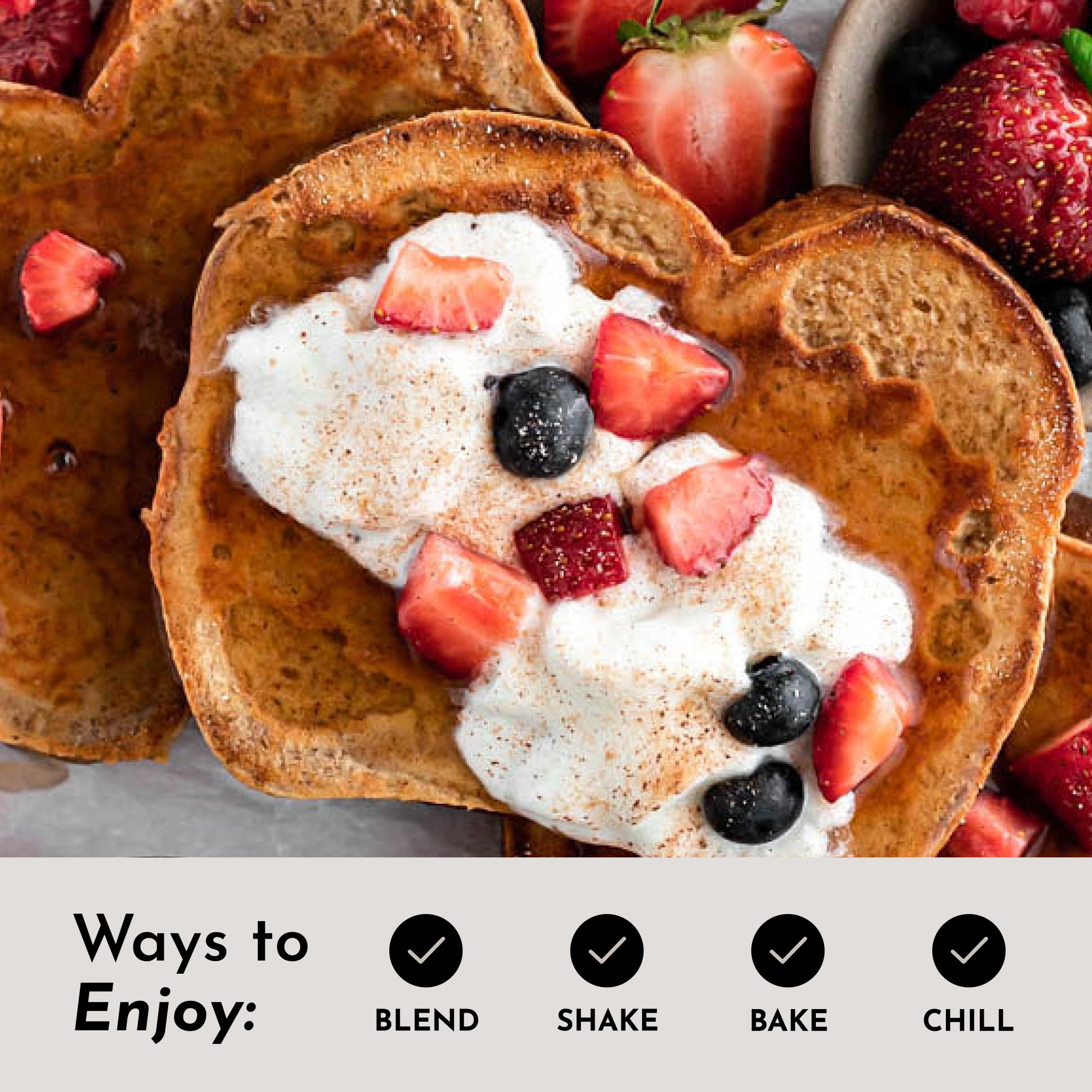 JUST INGREDIENTS Vanilla Bean Protein Powder in a bowl blended with ingredients for smoothies.