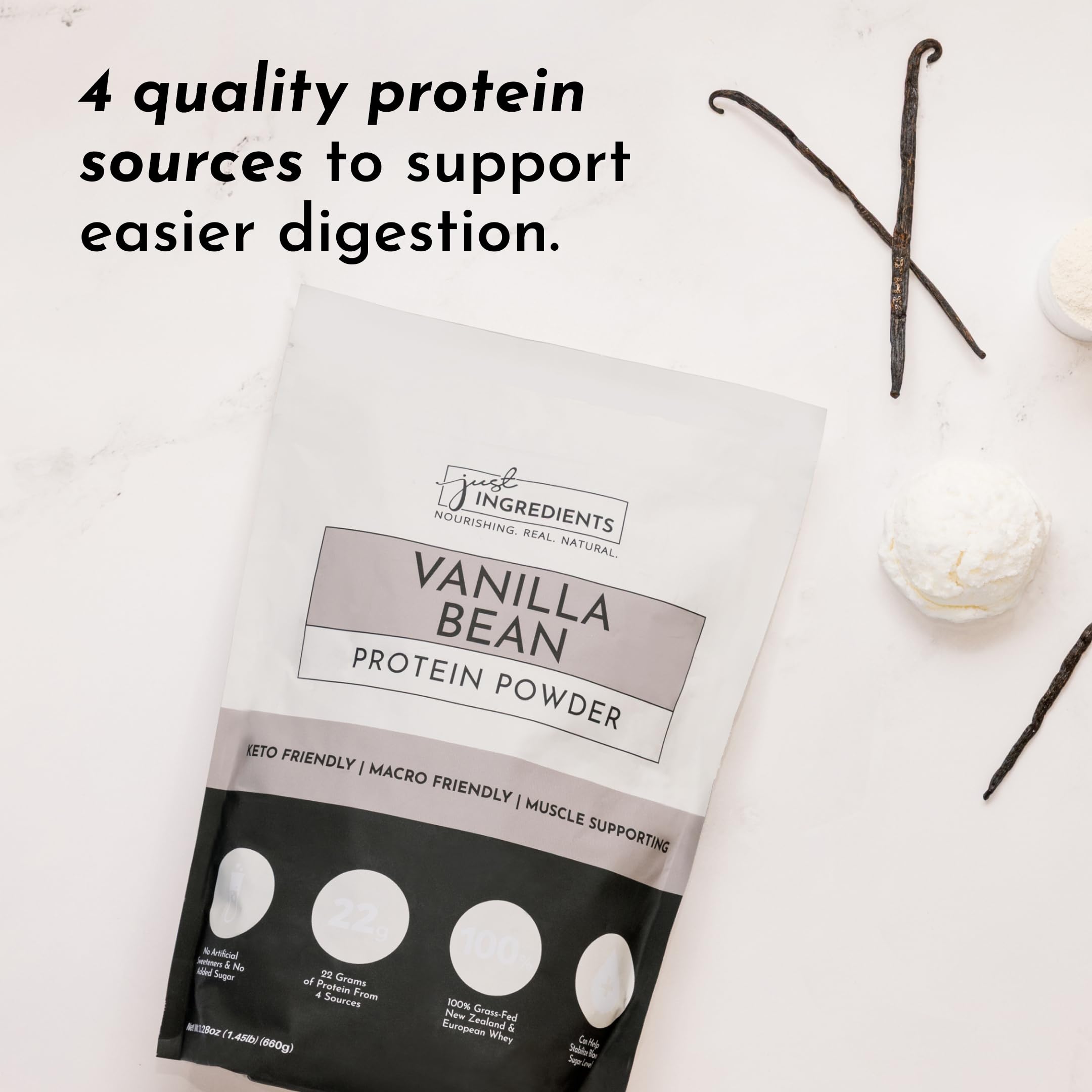 JUST INGREDIENTS Cinnamon-vanilla powder detail, suggesting a flavorful shake option.