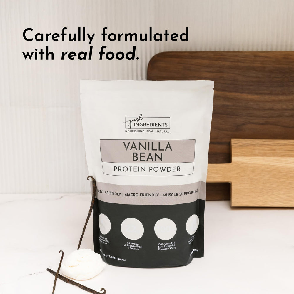 JUST INGREDIENTS Protein powder packaging on shelf, noting third-party tested quality.