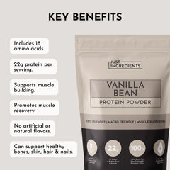 JUST INGREDIENTS Vanilla Bean Protein Powder being poured into a glass for shakes.