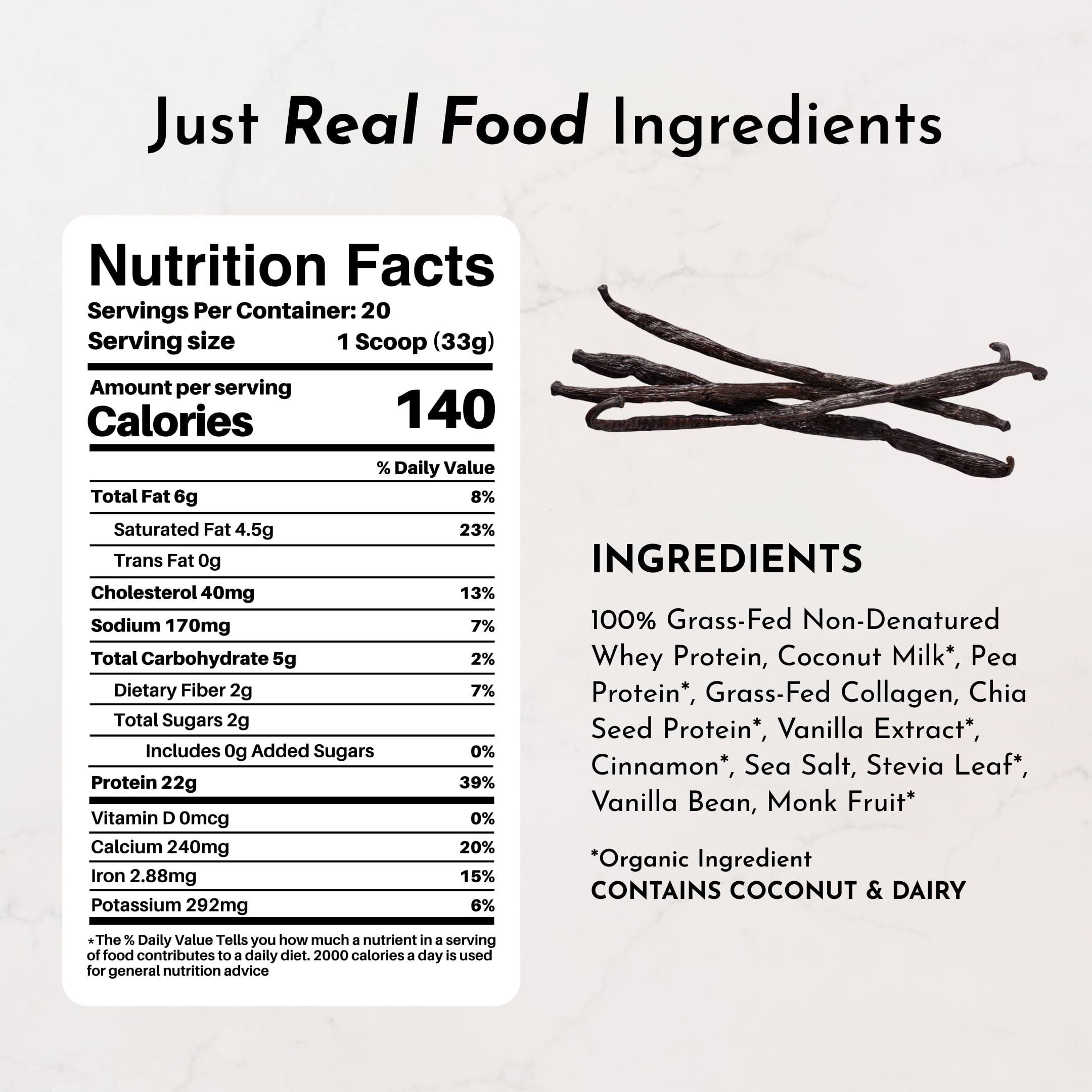 JUST INGREDIENTS Vanilla Bean Protein Powder scoop showing the protein blend for daily fueling.