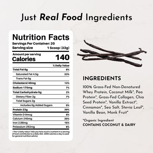 JUST INGREDIENTS Vanilla Bean Protein Powder scoop showing the protein blend for daily fueling.