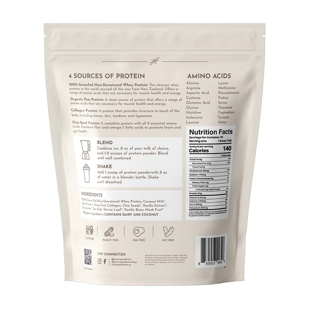 JUST INGREDIENTS Vanilla Bean Protein Powder shake glass shows creamy flavor for quick post-workout protein.
