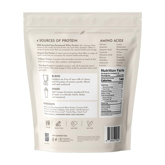 JUST INGREDIENTS Vanilla Bean Protein Powder shake glass shows creamy flavor for quick post-workout protein.