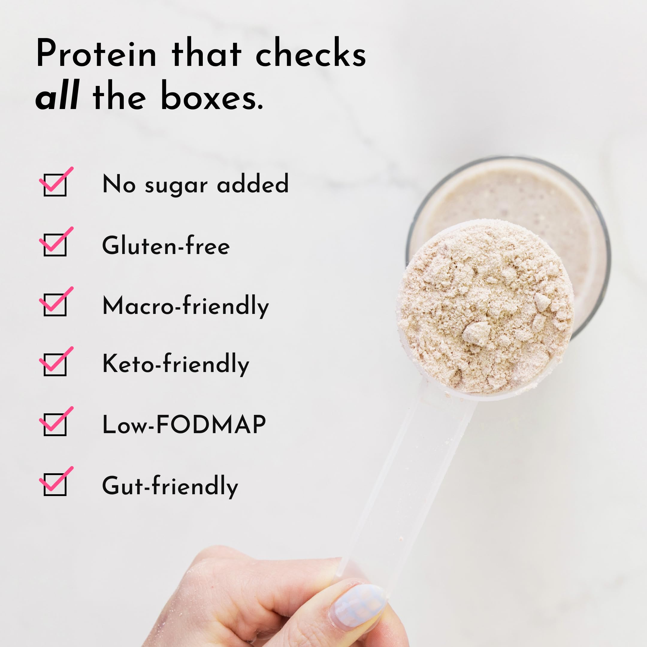 JUST INGREDIENTS Vanilla Bean Protein Shake in glass emphasizes easy everyday energy.