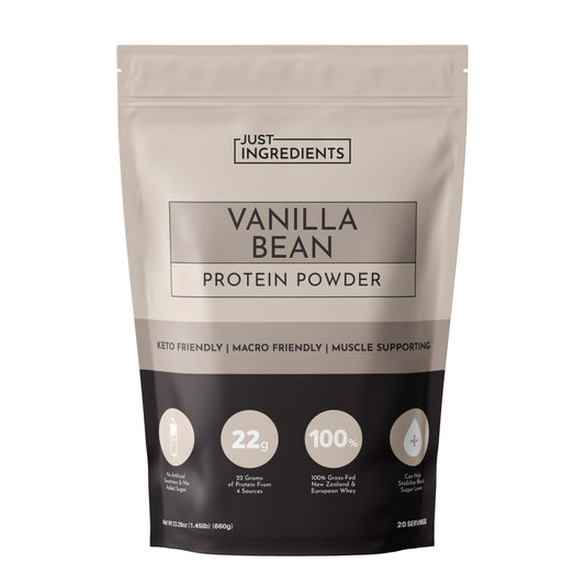 JUST INGREDIENTS Vanilla Bean Protein Powder tub with label, supports muscle recovery and energy.