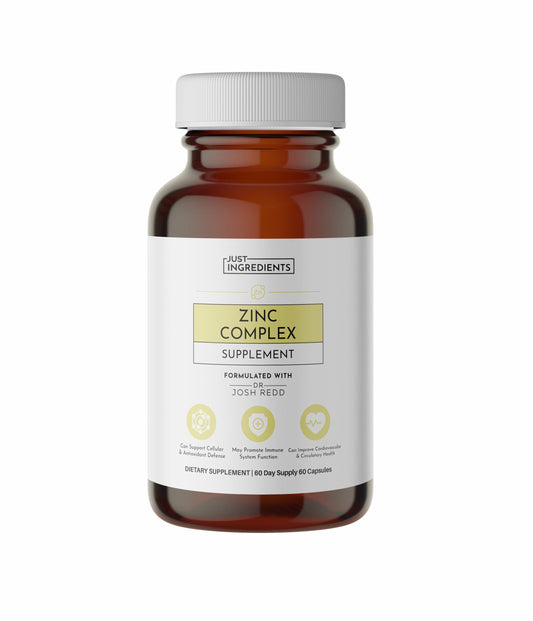 Just Ingredients Zinc Complex bottle front, ready for daily immune support.
