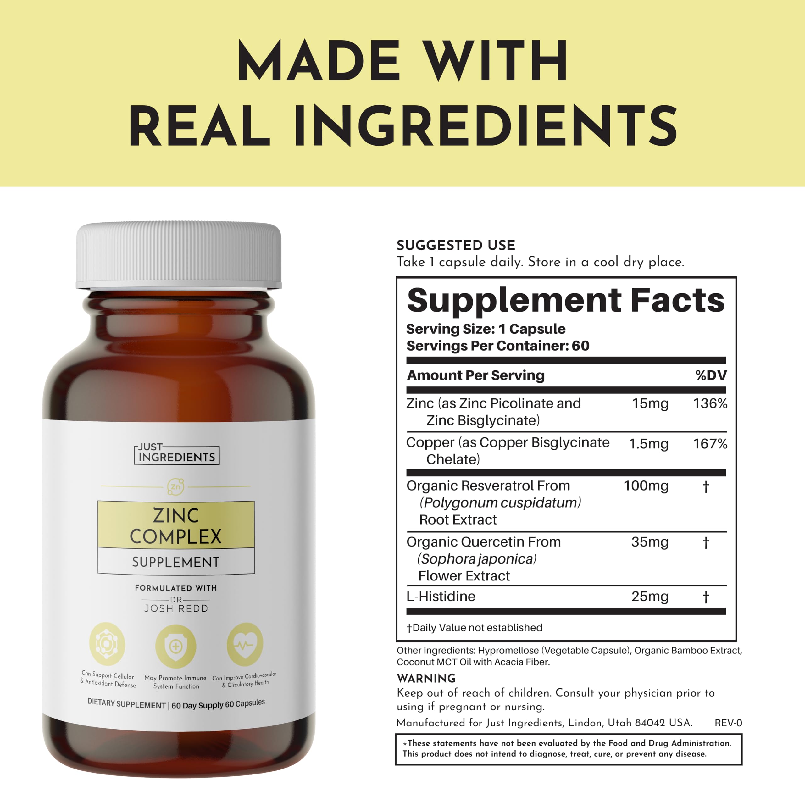 Just Ingredients Zinc Complex capsules close-up, chelated minerals for gentle digestion.