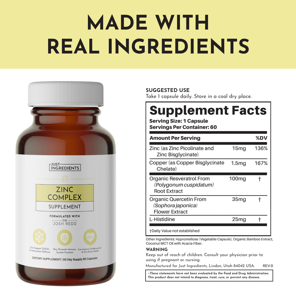Just Ingredients Zinc Complex capsules close-up, chelated minerals for gentle digestion.