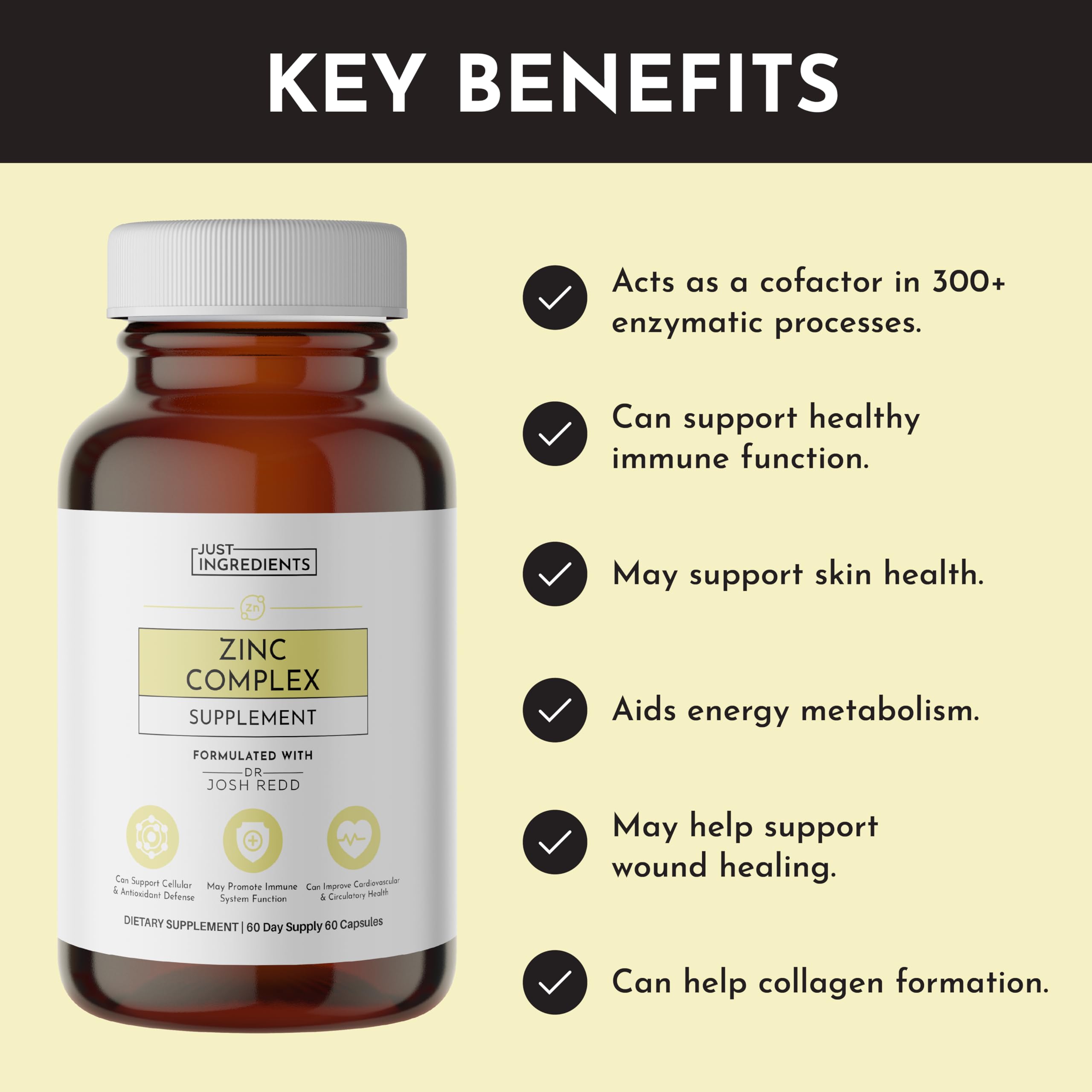 Just Ingredients Zinc Complex label detail shows clean, vegan ingredients.