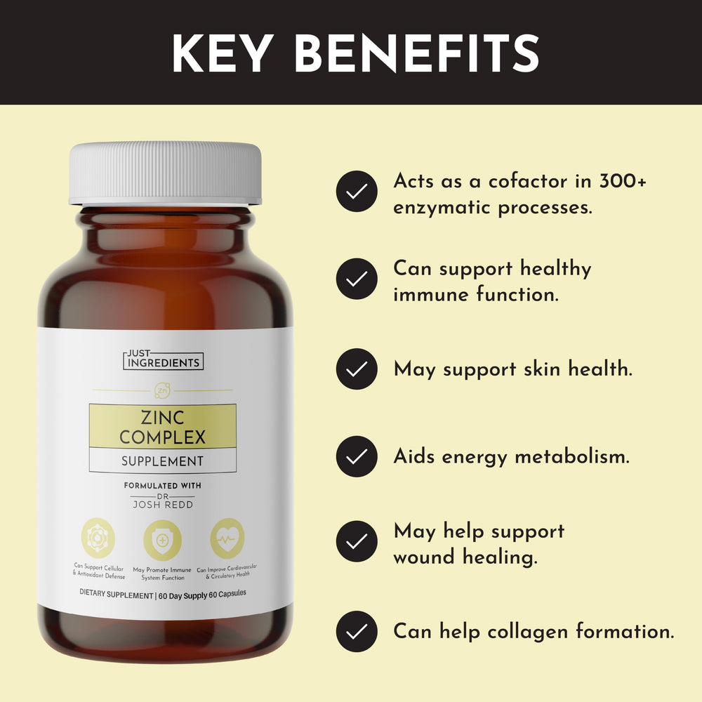 Just Ingredients Zinc Complex label detail shows clean, vegan ingredients.