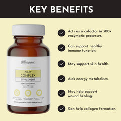 Just Ingredients Zinc Complex label detail shows clean, vegan ingredients.