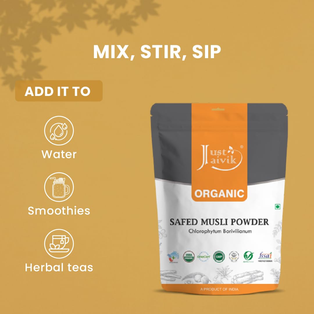 Just Jaivik Safed Musli packaging displays USDA organic certification and quality standards.
