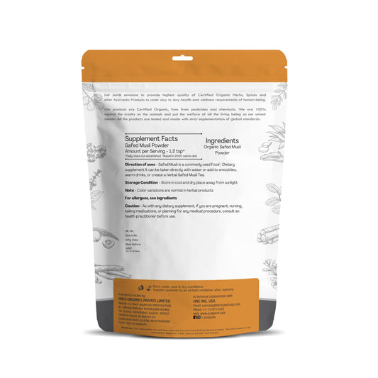 Just Jaivik Safed Musli powder bottle open shows fresh powder for easy dosing.