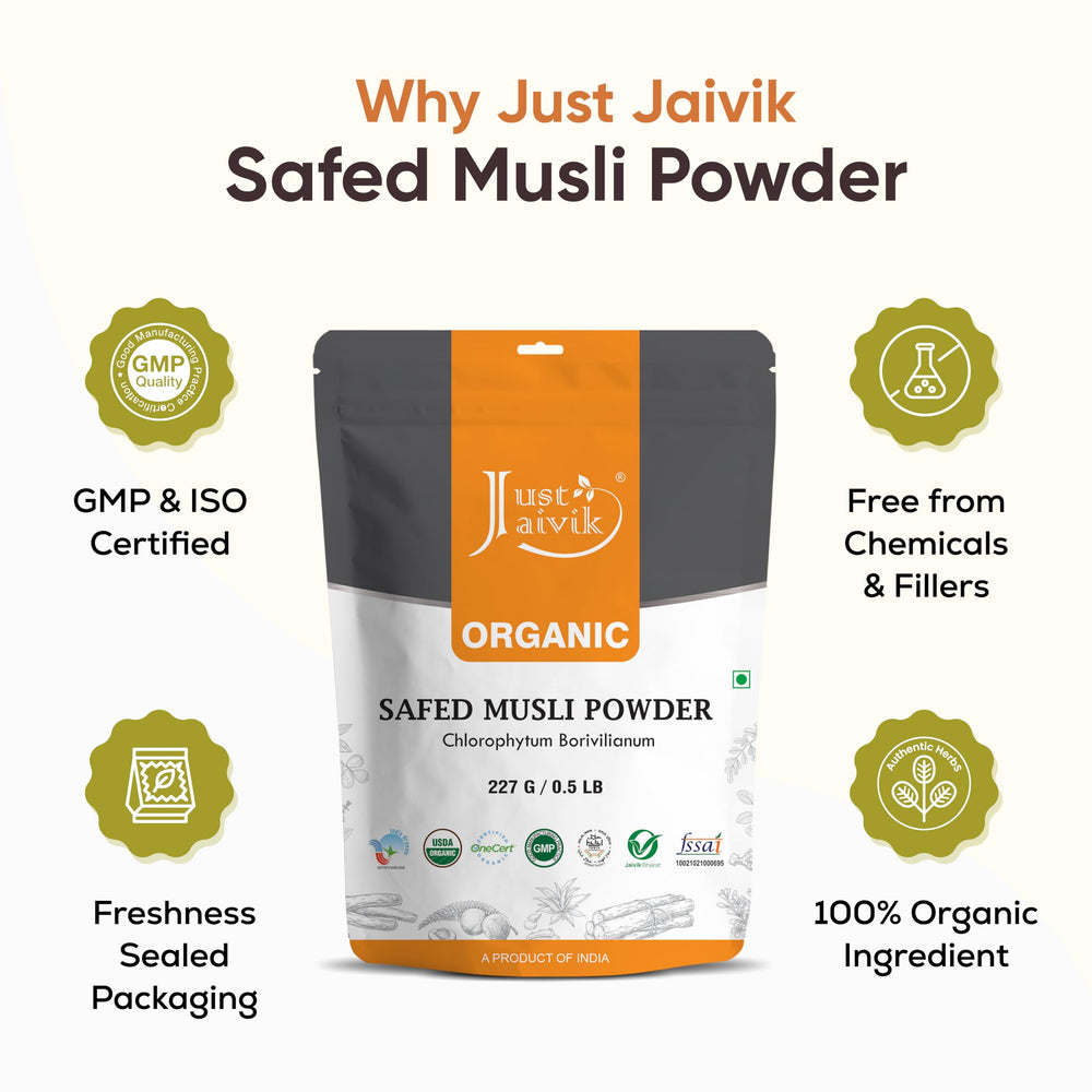 Just Jaivik Safed Musli powder jar closeup reveals fine texture and natural color.
