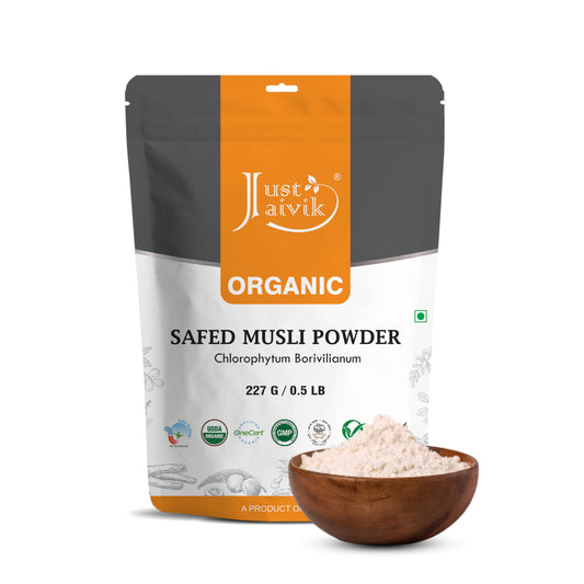 Just Jaivik Safed Musli powder pack highlighting organic purity for daily wellness.