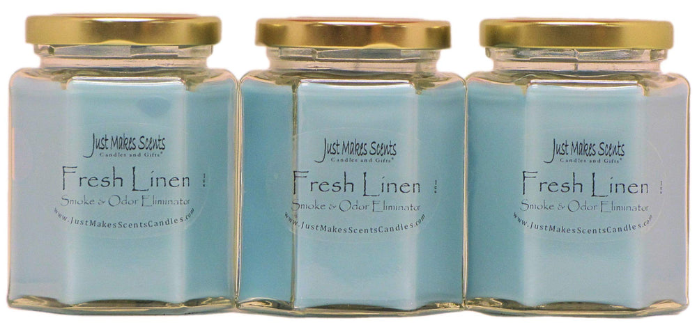 Just Makes Scents Fresh Linen candle jar for odor elimination and clean air.