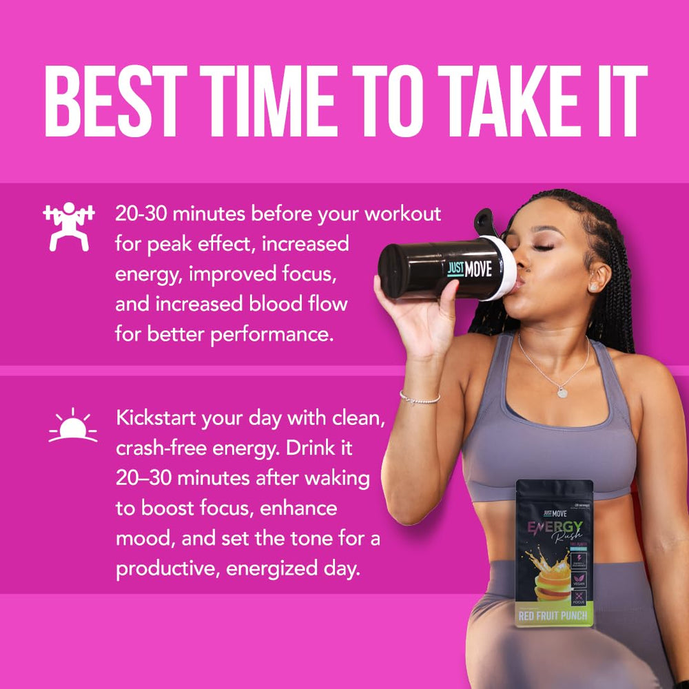 Just Move Fruit Punch Energy Rush powder dispense hints quick mix and no-crash energy