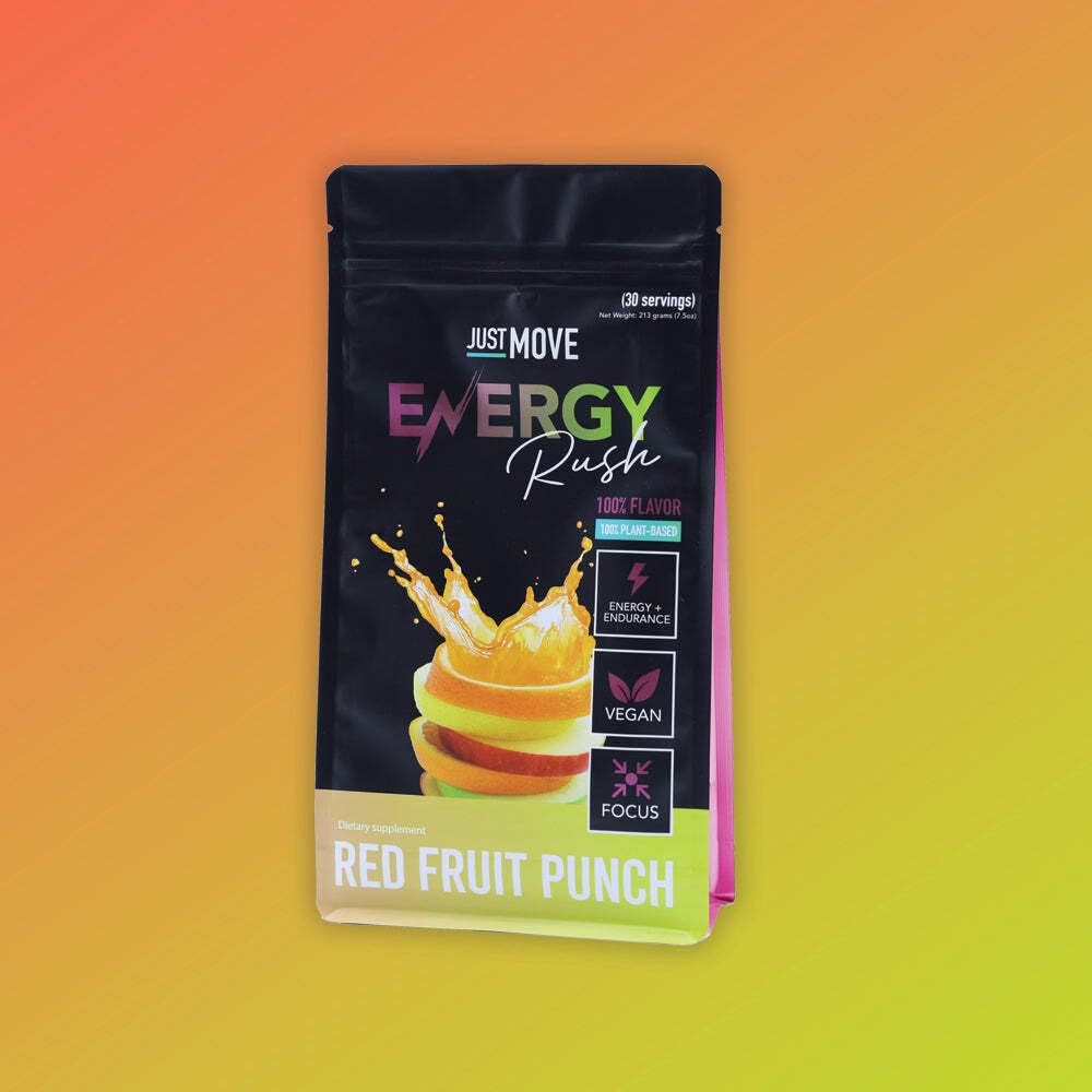Just Move Fruit Punch Energy Rush travel pack suggests portable energy for on-the-go athletes