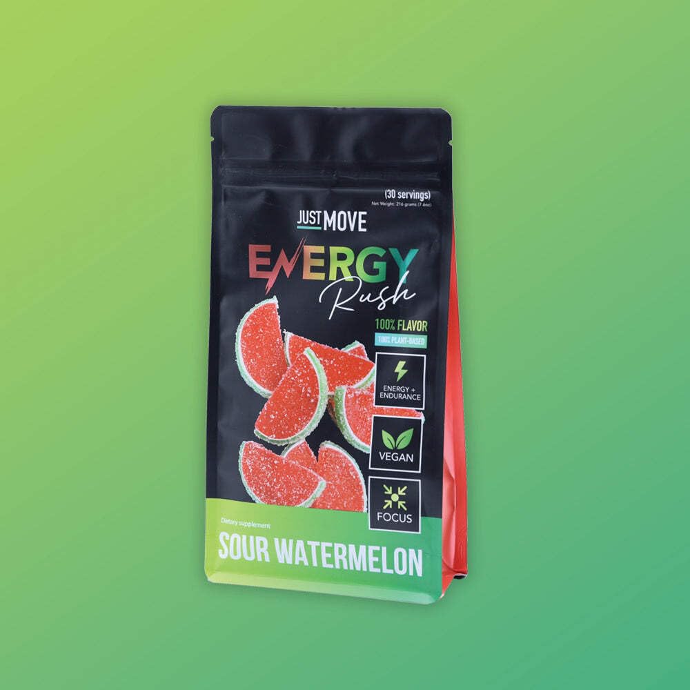 Just Move Sour Watermelon Energy Rush beside keto-friendly label