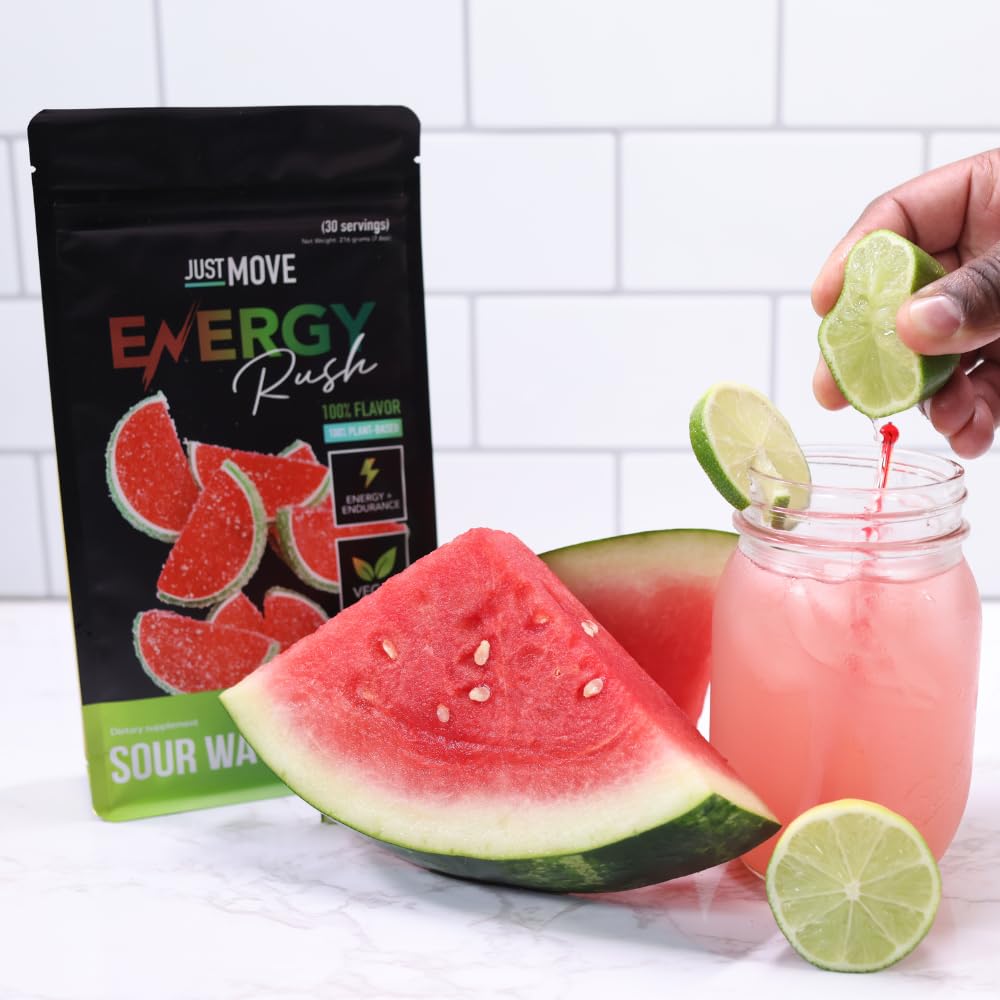 Just Move Sour Watermelon Energy Rush pouring powder into water for quick mix
