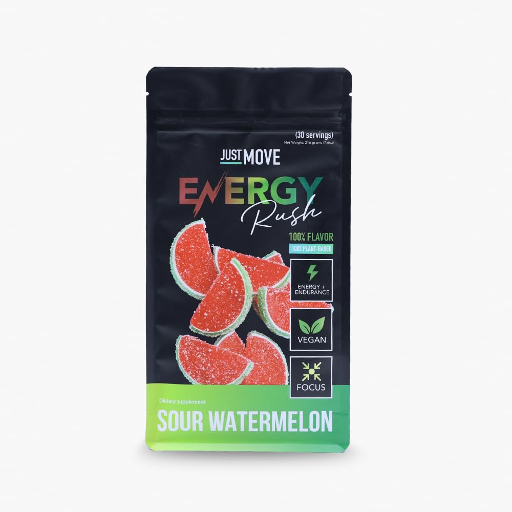 Just Move Sour Watermelon Energy Rush powder scoop for an energy boost during workouts
