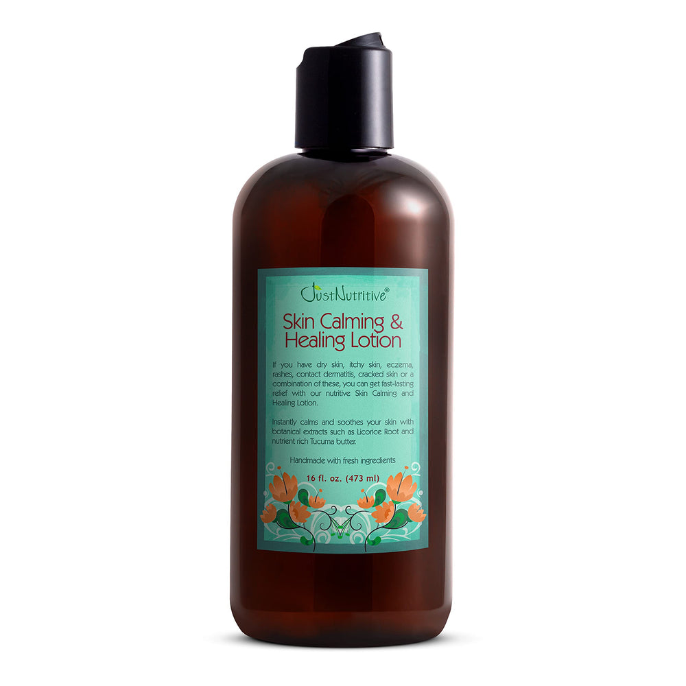 Just Nutritive Skin Calming Lotion bottle shows lasting hydration for dry skin.