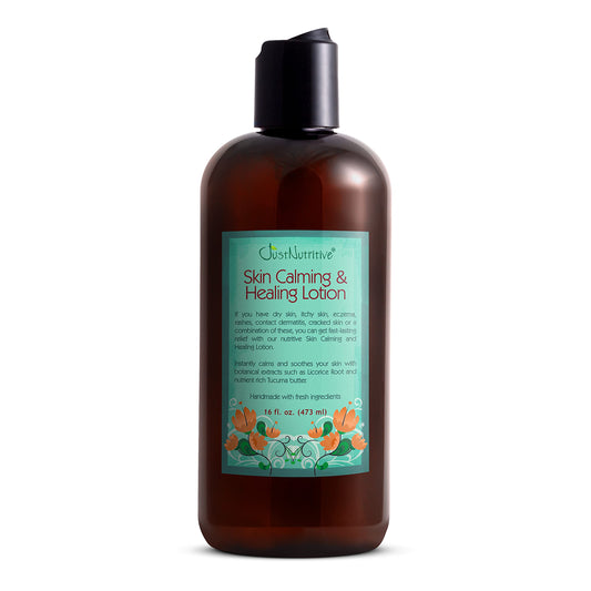 Just Nutritive Skin Calming Lotion bottle shows lasting hydration for dry skin.