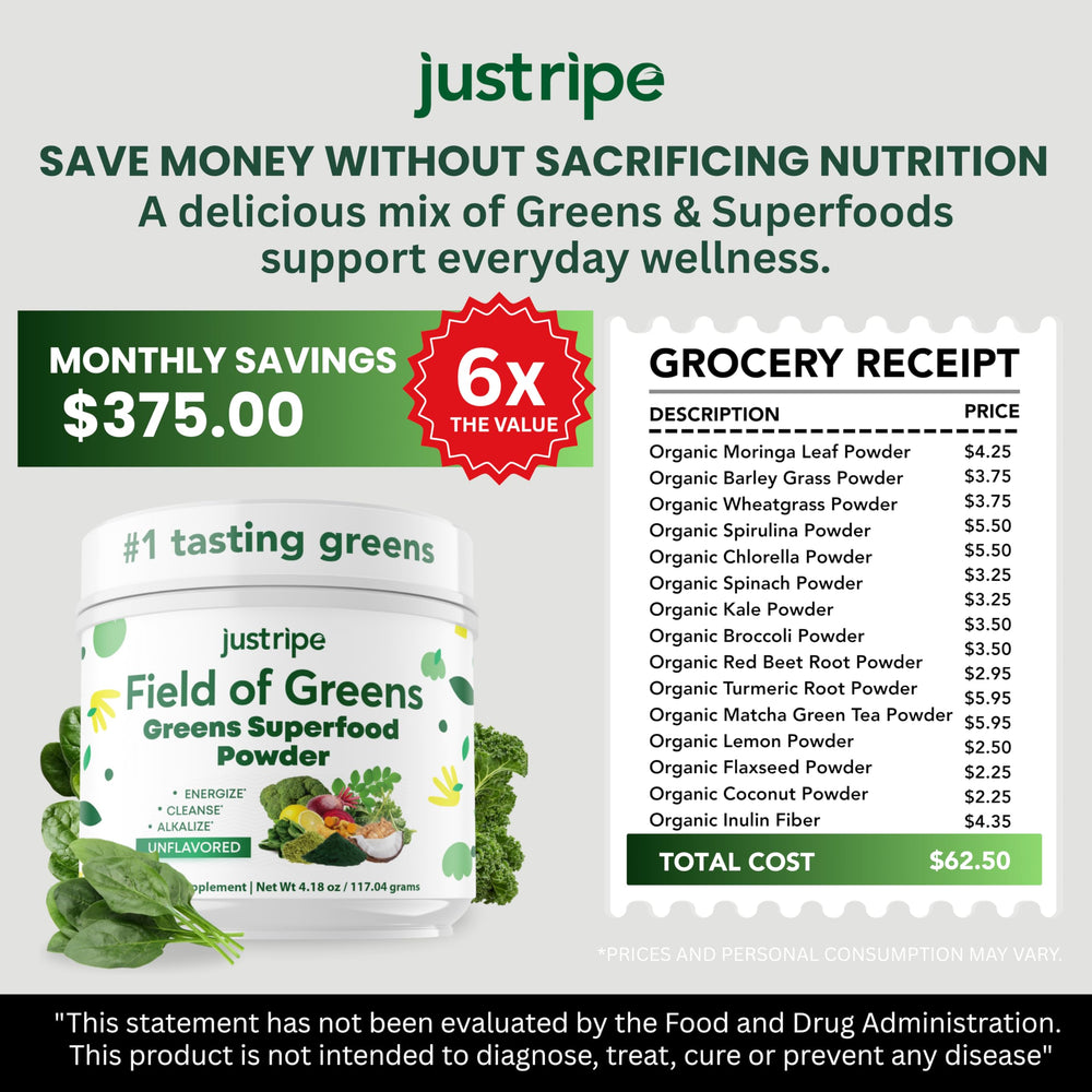 Just Ripe Field of Greens Bacillus Coagulans probiotic for gut-friendly support.