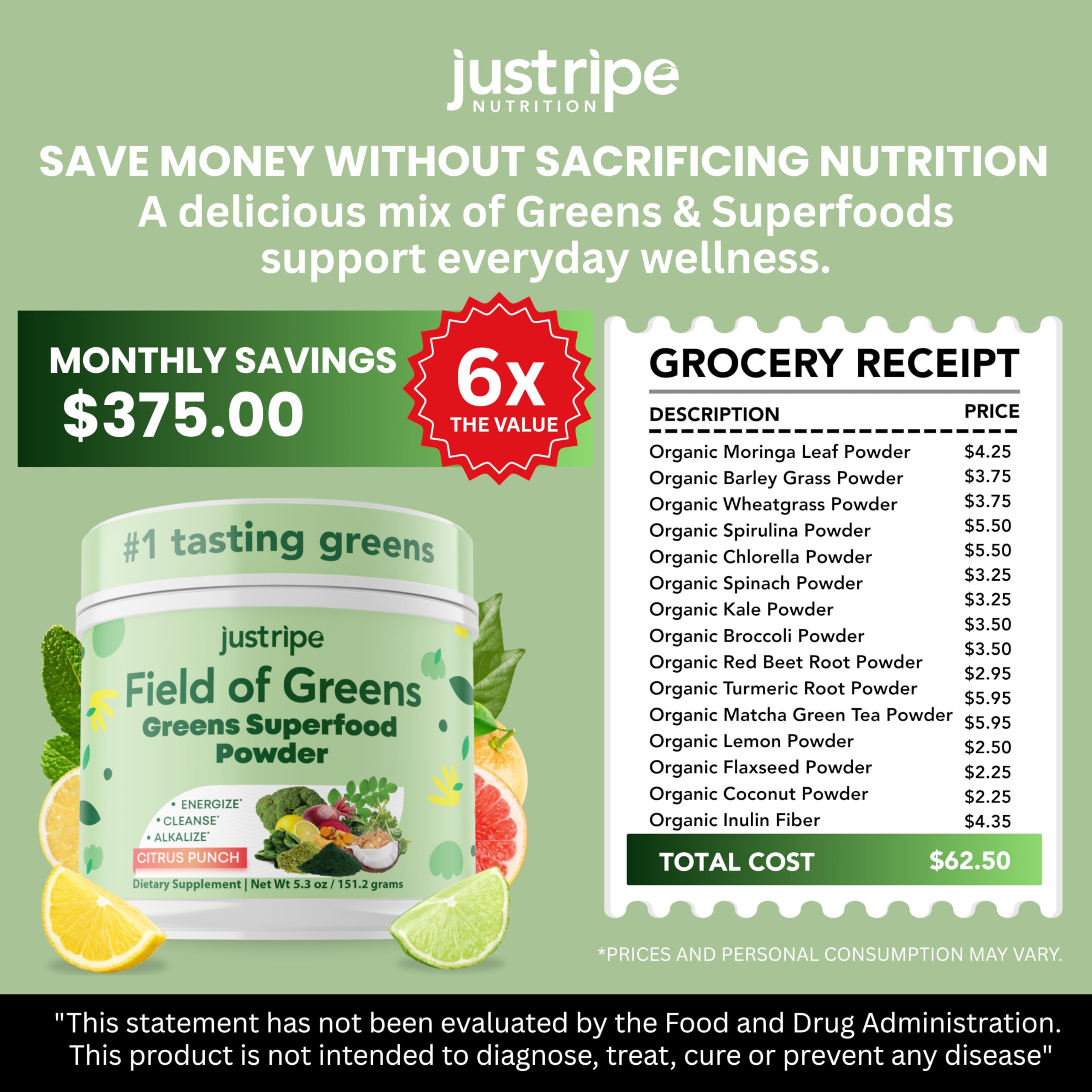 Green Field of Greens powder bottle highlighting plant based nutrition.