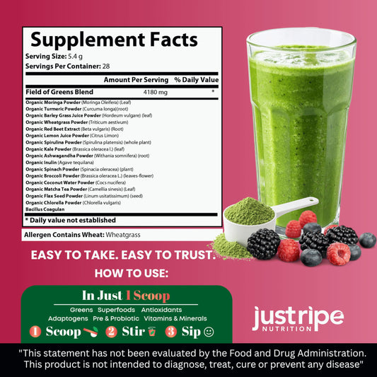 Just Ripe Field of Greens mixed-berry glass served a refreshing, caffeine-free energy lift