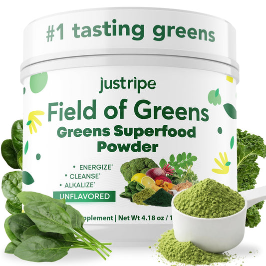 Just Ripe Field of Greens unflavored tub front, convenient daily greens for busy mornings.