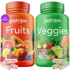 Just Ripe Nutrition green bottle showing Fruits and Veggies capsules for daily energy support