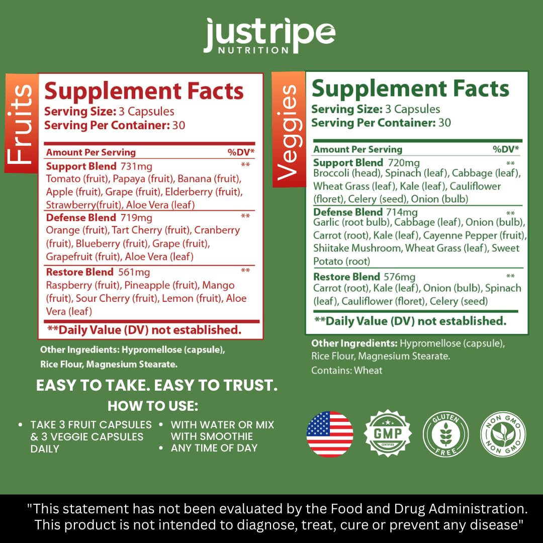 Just Ripe Nutrition red bottle showing Fruits and Veggies capsules for immune and vitality support