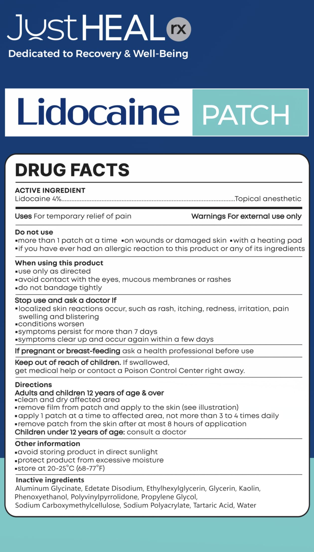 JustHeal RX lidocaine patch unwrapped ready for use